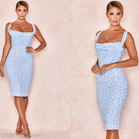 RARE HOUSE OF CB 'Bellina' Blue Floral Corset Midi Dress NWOT - Picture 4 of 12